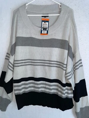 Lucky Brand Sweater Women's 2X Knit Striped Gray Black Cotton Scoop Neck XXL NWT - Image 1 of 4
