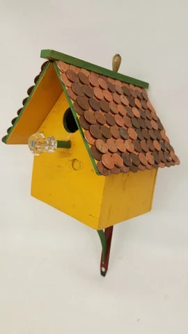 Vintage folk art bird house with Copper penny roof Cover