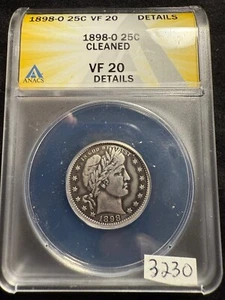 1898-O Silver Barber Quarter 25c Coin ANACS VF20 Strong Features Details 3230 - Picture 1 of 4
