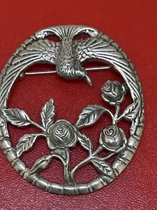 Vintage Sterling Silver Hummingbird On Open Roses Flower Branch Brooch Pin - Picture 1 of 8