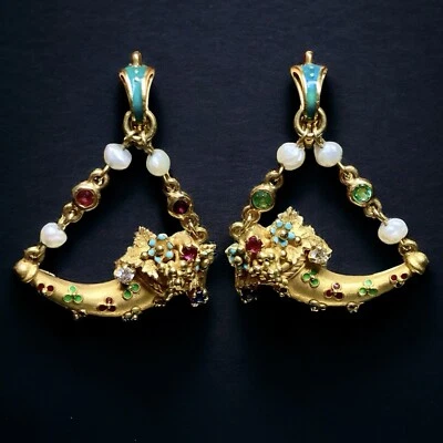 Vintage 18K Diamond Seed Pearl Ruby Sapphire Enamel Cornucopia Drop Earrings - Image 1 of 4