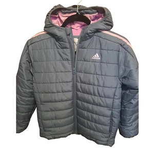 Adidas Puffer Jacket Hooded Quilted Insulated Coat Pink Stripes Kids Large (14) - Picture 1 of 6