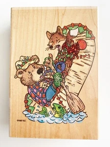Stampendous Find a Balance Canoe Bear Fox Fish Wood Mounted Rubber Stamp 1997 - Picture 1 of 6
