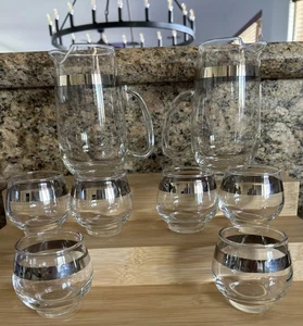 Vintage Hip Libbey Silver Band Barware Set 2 Pitchers 6 Roly Poly Glasses - Picture 1 of 11