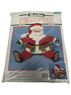 1990 Bucilla "Jolly Santa" w/ Toys Christmas Centerpiece Plastic Canvas Kit NEW - Image 1 of 2
