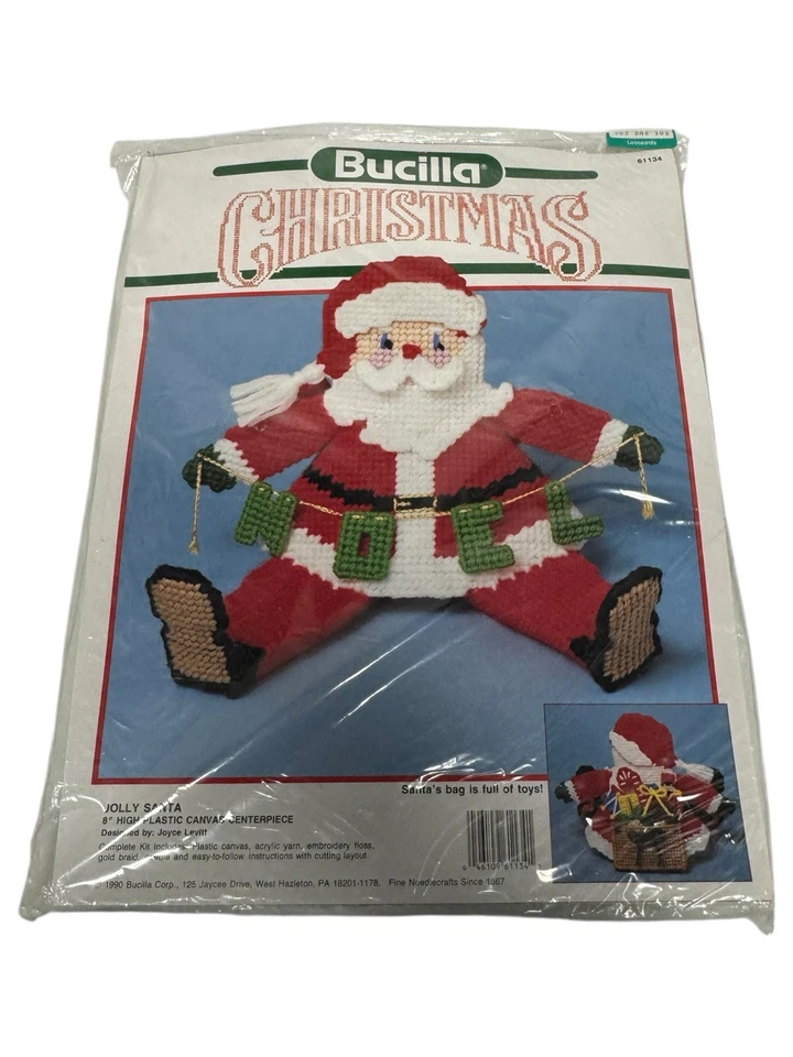 1990 Bucilla "Jolly Santa" w/ Toys Christmas Centerpiece Plastic Canvas Kit NEW - Image 1 of 2