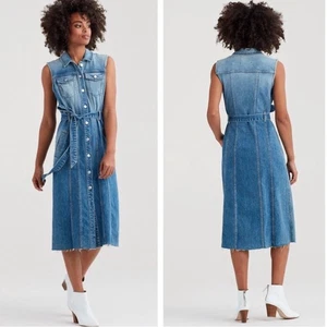 Vestido midi 7 For All Mankind denim con botones sin mangas deshilachado dobladillo bolsillo talla M - Imagen 1 de 9