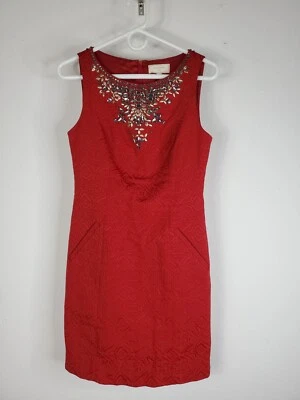 Moulinette Soeurs Anthropologie Dress Women's Red Beaded Embellished Pocket Sz 4 - Image 1 of 4