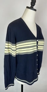 Vintage 90s Cardigan Sweater Womens M Navy Blue Butter Yellow Striped Minimalist - Picture 1 of 12