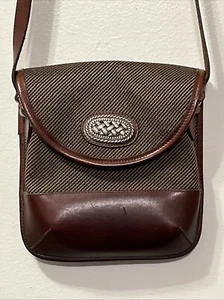 Vintage Brighton Brown Leather / Tweed Crossbody Bag Serial #025959 Boho 8" - Picture 1 of 13