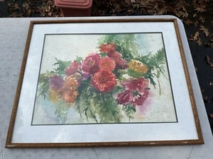 Large Vintage Watercolor Painting Flowers Signed Brenda Bates In Original Frame - Picture 1 of 10