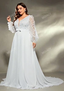 V-Ausschnitt Stickerei & Spleiß Chiffon Schleppe Langarm Brautkleid Größe 14 XL - Bild 1 von 6