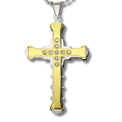 Collar Colgante Cruz 3D Circonita Dos Tonos Chapado Hombres Mujeres 24" Cadena Bola Foto 1 de 4