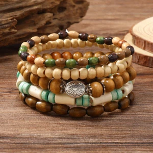 Pulsera unisex de 5 piezas con pequeñas flores y cuentas de madera de colores - Bild 1 von 6