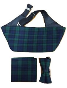3 Pcs Set Tartan Bow Tie + Cummerbund + Pocket Square Hanky Cotton Scotland UK