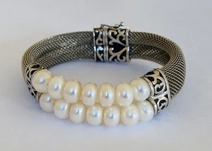DESIGNER HONORA 925 STERLING SILVER DOUBLE ROW PEARL MESH BRACELET 7.5” - Picture 1 of 18