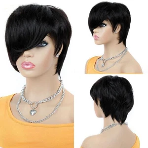Short 100% Human Hair Wigs with Side Bangs Pixie Cut Wigs Layered Cut Black Wigs - Picture 1 of 9