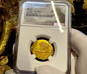 NGC 63! MEXICO 2 ESCUDOS 1714-15 1715 FLEET SHIPWRECK PIRATE GOLD COINS TREASURE - Picture 1 of 20