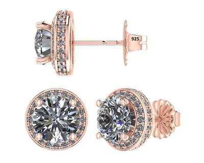 Aretes con halo redondo de plata de ley enchapados en oro rosa con circonitas de 3,5 CTTW Foto 1 de 4