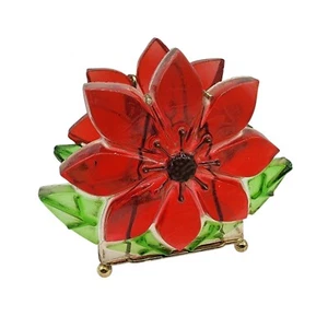 Vintage Lucite Poinsettia Napkin Holder Red Green Flower Design - Picture 1 of 9