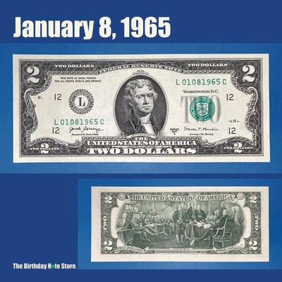 January 8, 1965 Birthday Anniversary $2 Two Dollar Bill Serial Number 01081965 - Image 1 of 2