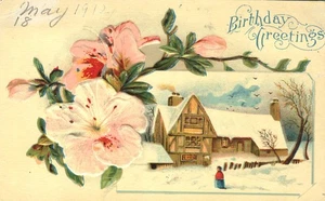Cartolina Auguri Compleanno Goffrati Rosa Dogwood Fiori Casa nella Neve 1912 - Foto 1 di 2