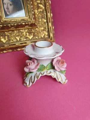 (K13) Vintage Alka Kunst Porzellan Kerzen-halter Ständer Goldrand Rosendekor 8cm - Bild 1 von 4
