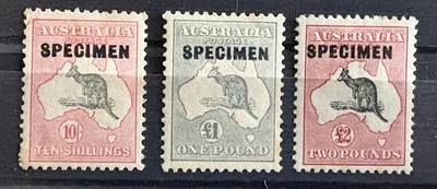 😊Australia - Kangaroos CofA WM SET OF 3 - 10/ , 1£ , 2£ SPECIMEN OVERPRINTS MH - Image 1 of 4