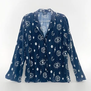 Dressed in Lala Whats Your Sign Black White Plisse Button Down TOP ONLY Size L - Picture 1 of 14