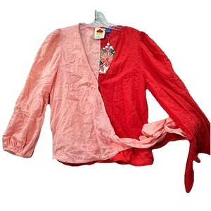 NEW W/ FLAW Anthropologie Farm Rio Colorblocked Wrap Top Size Small Swiss Dot - Picture 1 of 13