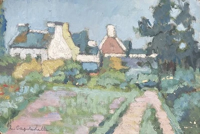 LUCIENNE CAPDEVIELLE TABLEAU 1920 PEINTURE JARDIN ET MAISON EN BRETAGNE - Photo 1/3