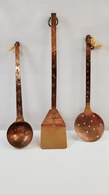 Copper Brass Handmade Designed Hanging Kitchen Utensils W/ Spatula Ladle Skimmer - Image 1 of 4