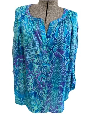 JLo By Jennifer Lopez Blouse Tunic Sz 0X Oversized Silky Blue Animal Print NEW - Image 1 of 4