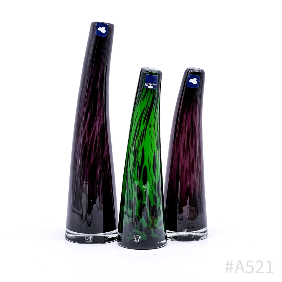 3x Leonardo Vase aus Glas mit Original-Aufkleber 3-tlg. Handmade | Lila & Grün - Bild 1 von 4