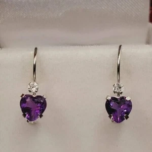 2Ct Heart Cut Simulated Amethyst Drop & Dangle Earrings In 14K White Gold Plated - Picture 1 of 5