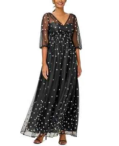 ADRIANNA PAPELL Evening Gown Size 6 Black Gold Glitter Dotted Ruched NWT $279 - Picture 1 of 6