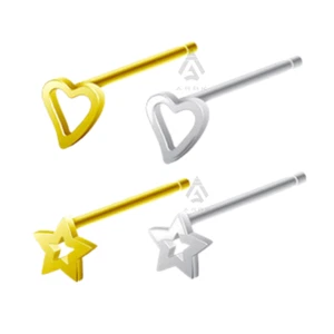 Nose Stud Straight Pin Hollow Heart Star 3mm Bendable Sterling Silver Gold - Picture 1 of 5