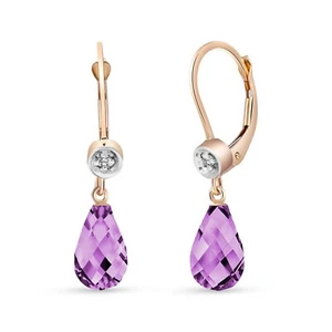 14K. GOLD LEVER BACK EARRINGS W/ DIAMONDS & AMETHYSTS (Rose Gold) - Picture 1 of 4