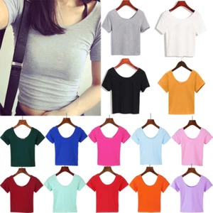 Fashion Women's Basic Scoop Neck Short Sleeve Crop Top T SHIRT Basic Fitted Tops - Picture 1 of 28