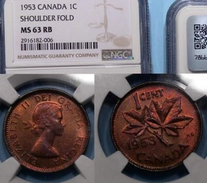 1953 CANADA SHOULDER FOLD CENT NGC 63 RB CANADA AUCTION COMP $88 #626-2 - Picture 1 of 1