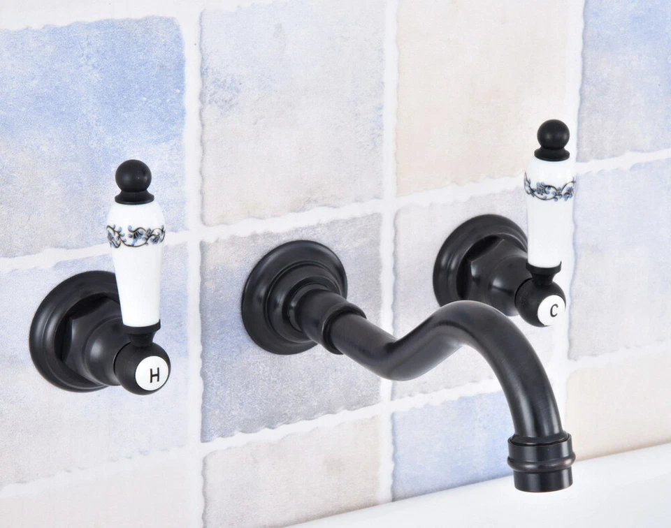 Oil Rubbed Bronze Wall Mounted Basin Sink Faucet 3 Holes Bath Basin Mixer Tap - Image 1 of 1