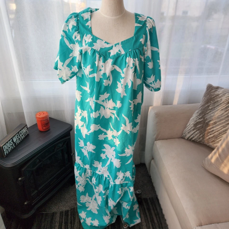 Vestido Largo Retro Helena's Hawaiano Muumuu Caftán Hibisco Verde Azulado Talla L. O2 Foto 1 de 4