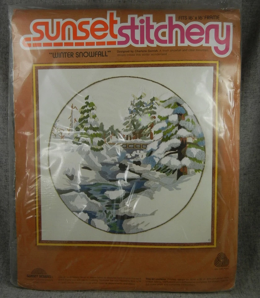 Winter Snowfall Crewel Embroidery Kit Sunset Stitchery 20x20 Vintage 1978