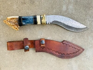 HANDMADE DAMASCUS HUNTING/SURVIVAL/KUKRI KNIFE STAG HANDLE WITH LEATHER SHEATH - Picture 1 of 9