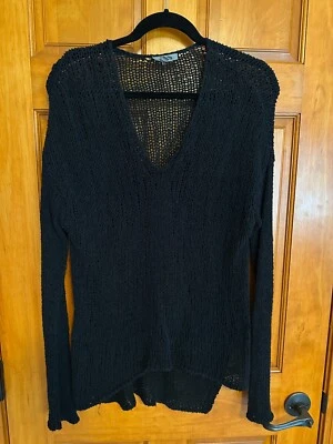 Helmut Lang Black Sweater Womens  Small Linen Blend Open Knit Asymmetrical Hem - Image 1 of 3