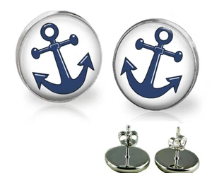Boating Sailing Anchor Glass Top Stud Earrings Avail in 3 Sizes Handcrafted Gift - Picture 1 of 2