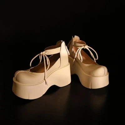 Elegante Mujer Tacones Altos Plataforma Con Cordones Zapatos Cuero Punta Redonda Mocasines Zapatos Foto 1 de 4