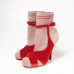 FENDI ROCKOKO Short Sock Boots Gr. 37 Strick Samt rot und lila unbenutzt Japan - Bild 1 von 24