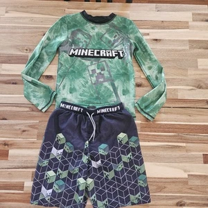 Minecraft Boys 2-Piece Long Sleeve Rash Guard & Swim Short Set Green & Black 7/8 - Picture 1 of 10
