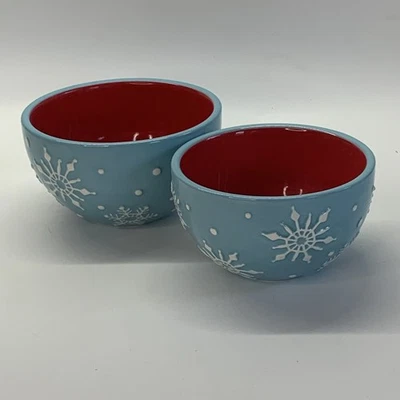 Hallmark Christmas North Pole Cozy Nesting Bowls Blue W/White Snow Flakes Red... - Image 1 of 4